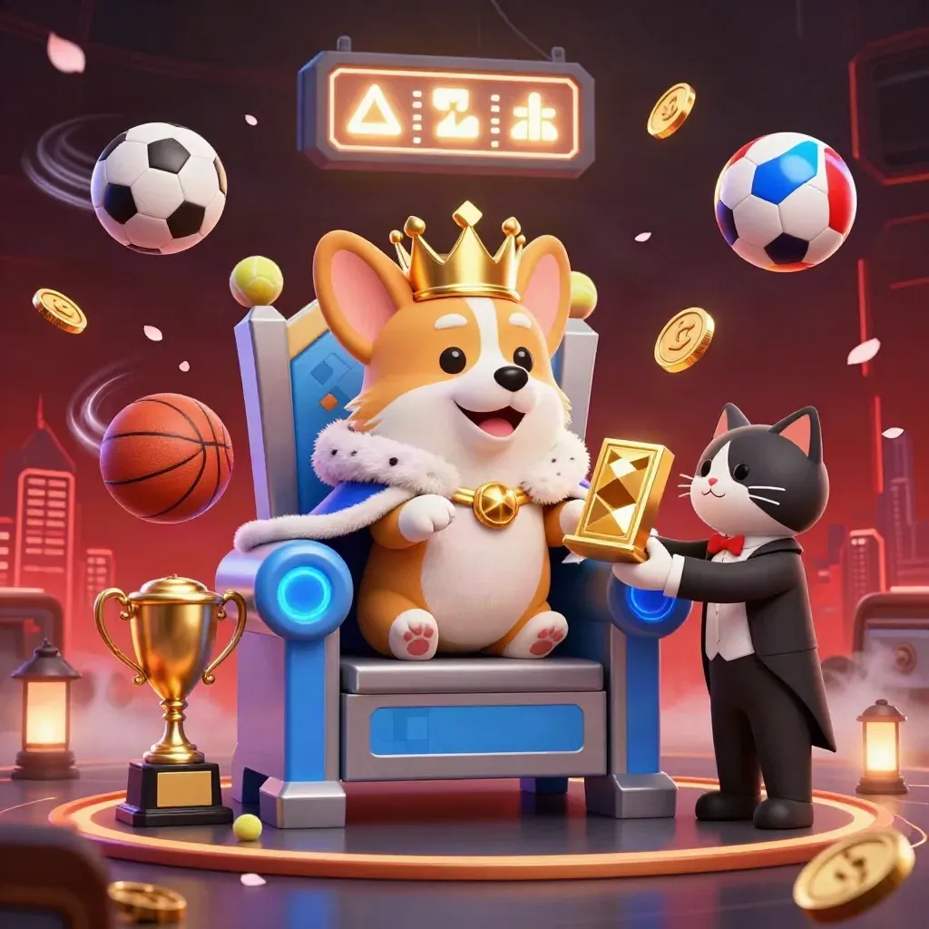 Crowned corgi and cat butler amid blue casino light, coins, balls, petals, and neon fog.