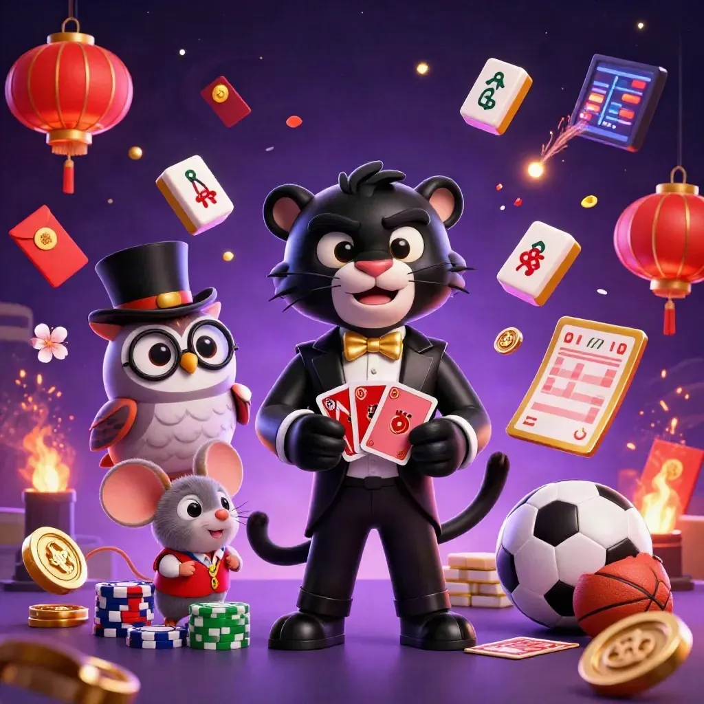 Cartoon panther, owl, and mouse with cards, chips, and sports props in a neon casino scene.
