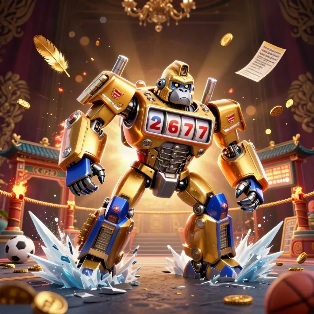 Golden gorilla mech with monkey pilot amid casino debris and blue-gunmetal glow