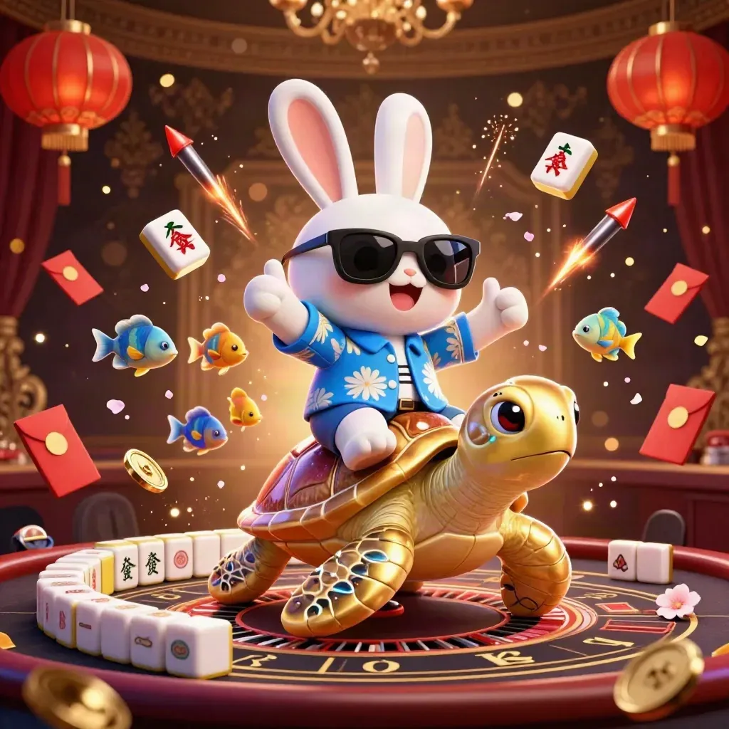 Lucky rabbit rides a golden sea turtle in a luxe casino room with lanterns and glowing gold light.