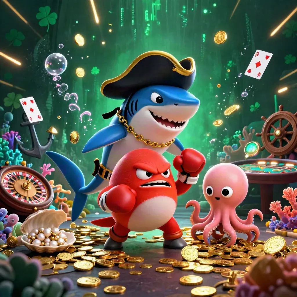 Shark captain, boxing pufferfish, and octopus in a glowing underwater casino treasure cove.