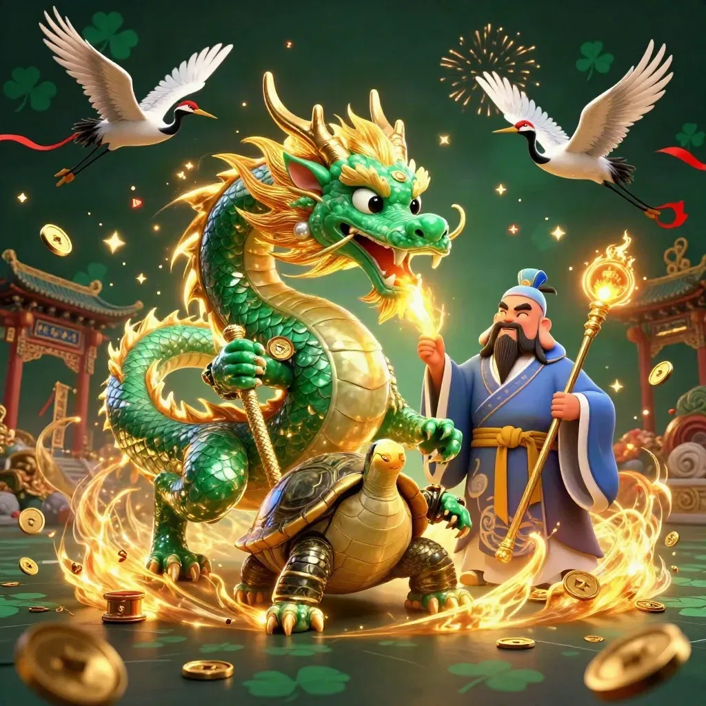 Emerald dragon, turtle sage, and cranes amid gold fire, coins, and temple lights.
