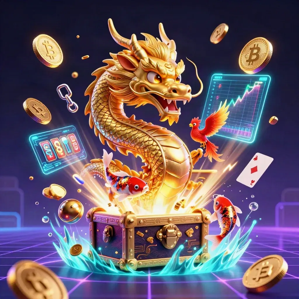 Golden dragon, phoenix, koi, treasure chest, coins, crypto symbols, and neon casino effects