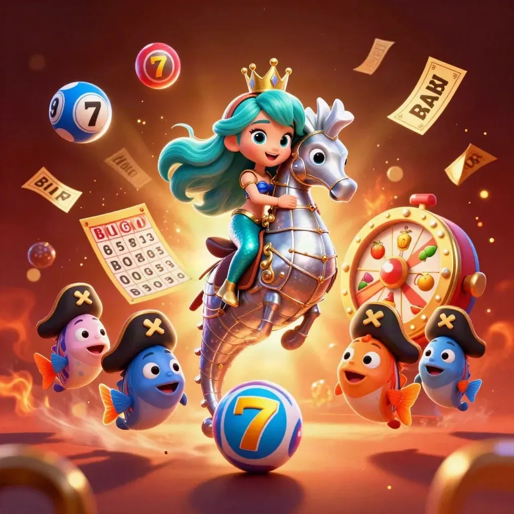 Mermaid princess on armored seahorse with pirate fish amid casino reels and lottery balls