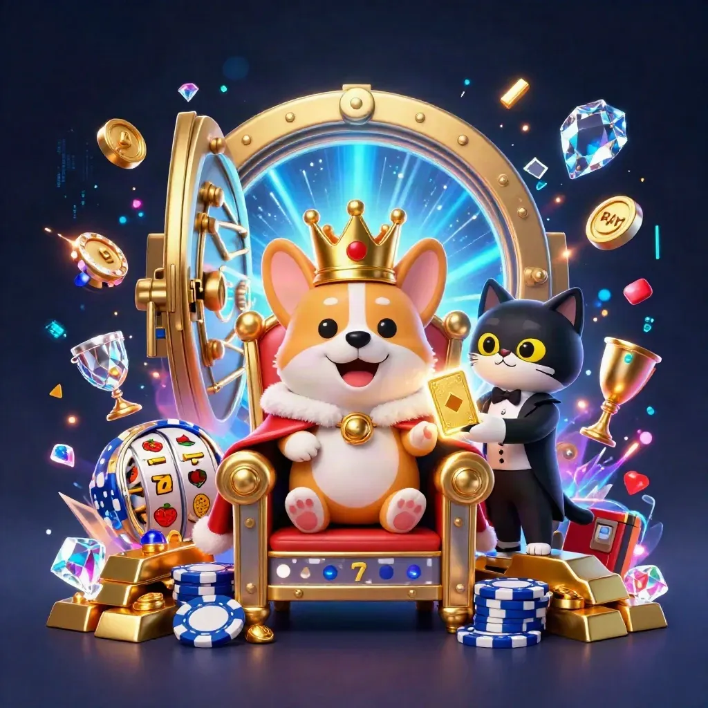 Crowned corgi king and cat butler erupt from a glowing vault amid gold, gems, and blue energy.