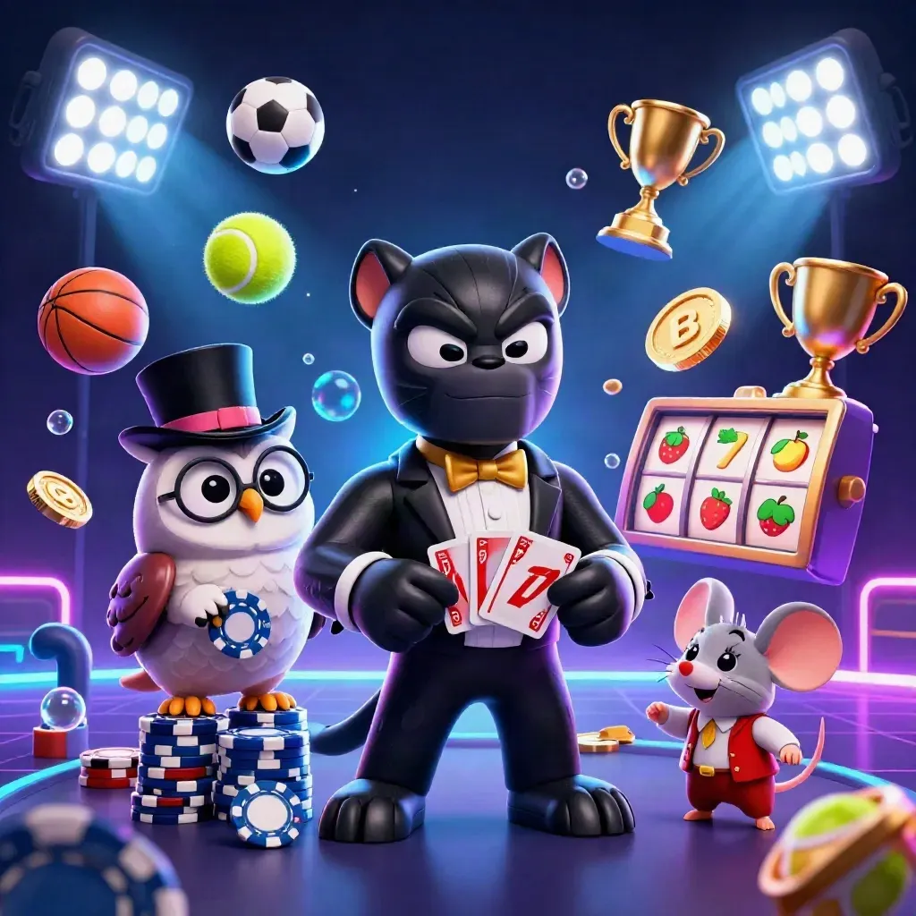 Panther, owl, and mouse in tuxedo amid casino reels, balls, trophy, and blue neon glow